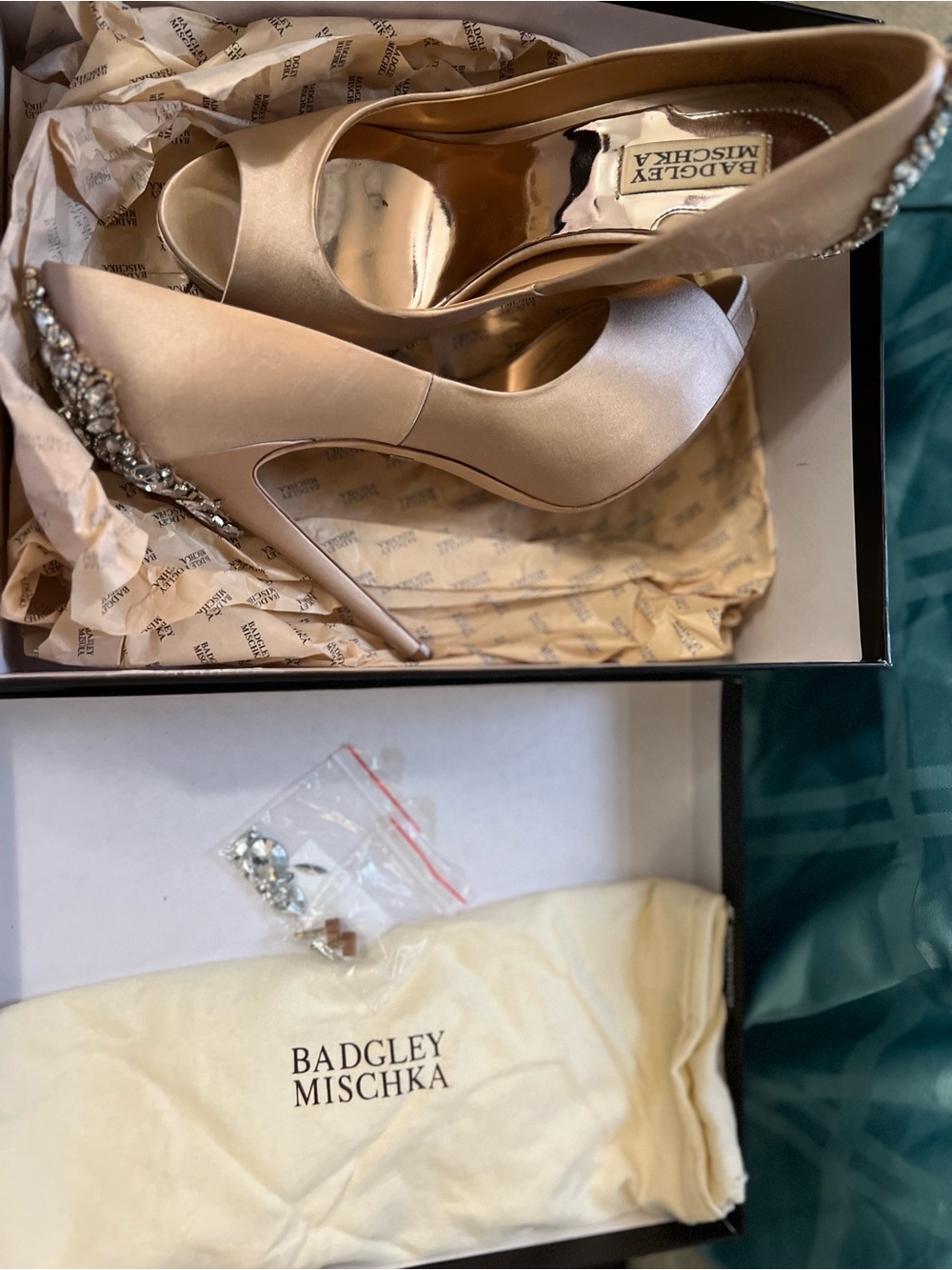 Badgley Mischka Satin Peep-Toe Heels in Blush Gold with Crystal Accent